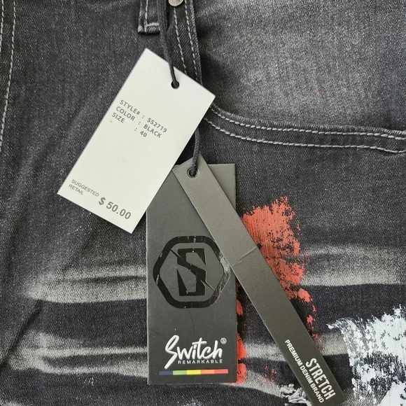 Black and Red Splatter Paint Distressed Men's Biker Shorts (Size 40 & 42) - Picture 5 of 15